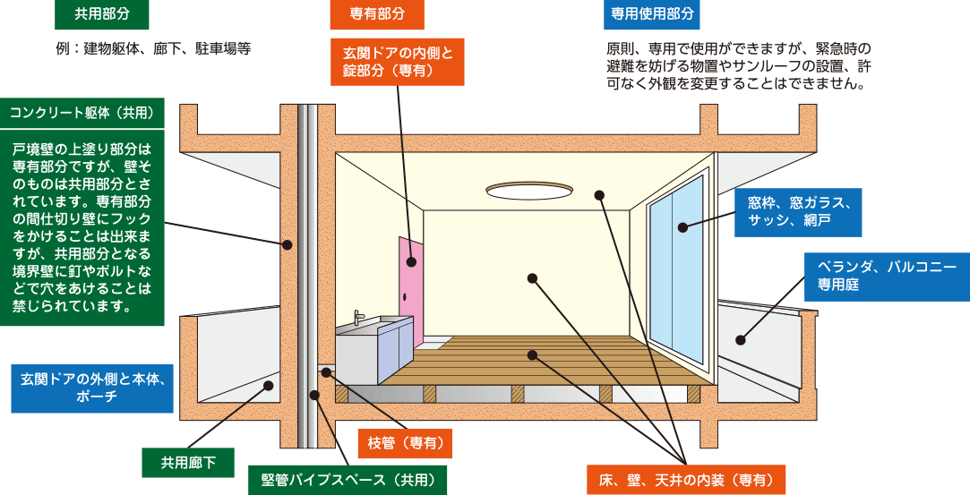 「共用部分」と「専用使用部分」のイラスト